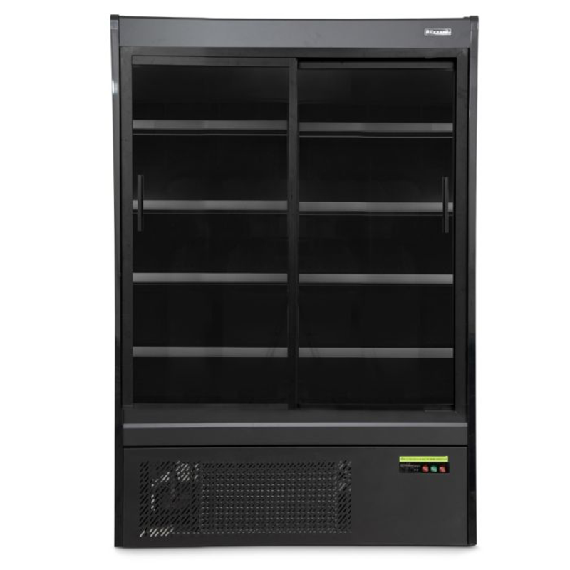 Blizzard BTD130BK-GD Refrigerated Multi Deck Display In Black With A Sliding Glass Door, Front View
