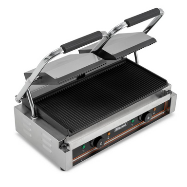 Blizzard BRRCG2 Double Contact Grill Angled Top View Of Open Cast Iron Plates