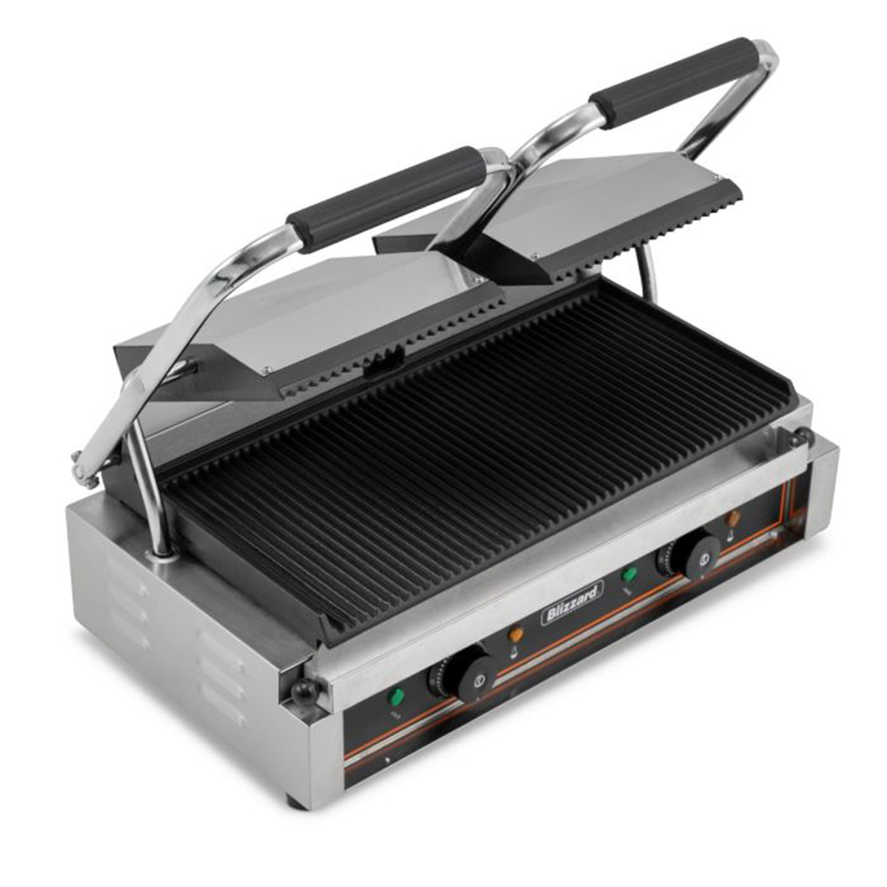 Blizzard BRRCG2 Double Contact Grill Angled Top View Of Open Cast Iron Plates