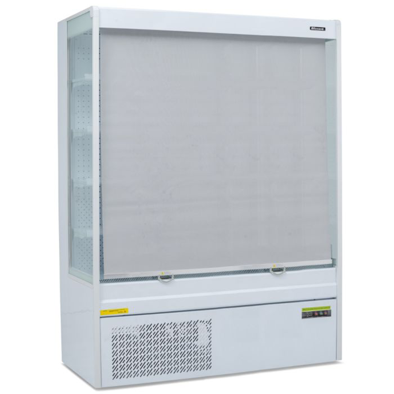 Blizzard BTD150WH Refrigerated Open Front Multideck Display Angled Front View With Night Blind Pulled Down