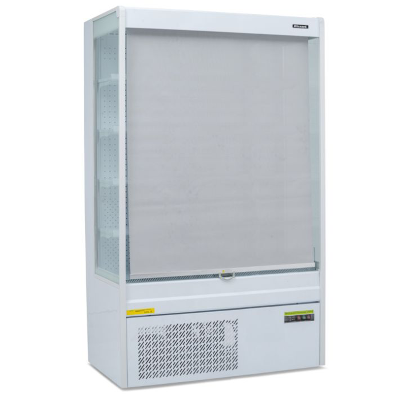 Blizzard BTD130WH 1.3m Open Front Multideck Display Angled Front View With Night Blind Pulled Down