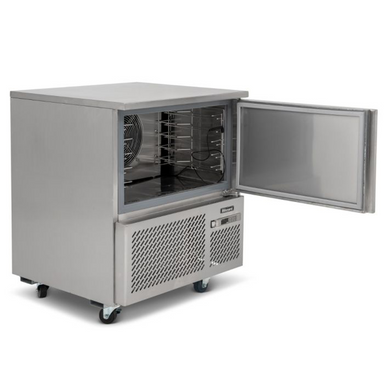 Blizzard BCF20-HC 5 x GN1/1 Blast Chiller/Freezer, Angled Front/Left Side View With Open Door Showing The 5 x GN1/1 Shelving