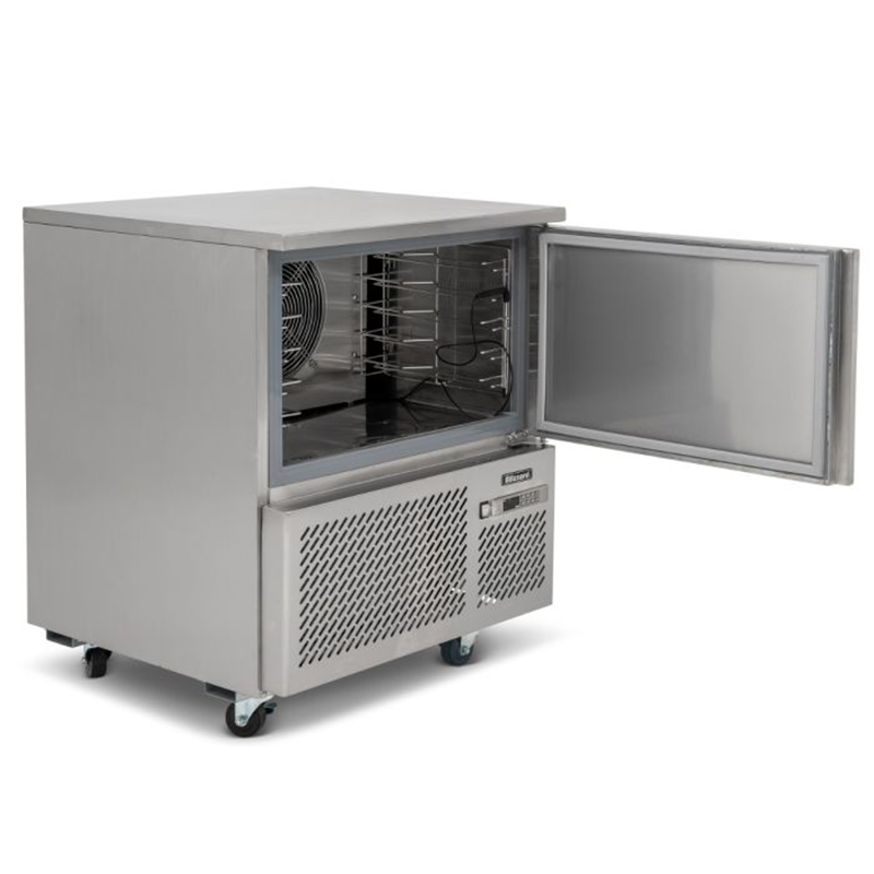 Blizzard BCF20-HC 5 x GN1/1 Blast Chiller/Freezer, Angled Front/Left Side View With Open Door Showing The 5 x GN1/1 Shelving