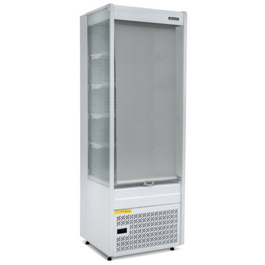 Blizzard BTD70WH Refrigerated Slim Tiered Display In White Angled Front View With Night Blind Pulled Down