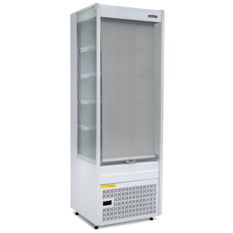 Blizzard BTD70WH Refrigerated Slim Tiered Display In White Angled Front View With Night Blind Pulled Down