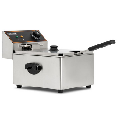 Blizzard BF6 6L Single Tank Electric Fryer, Angled Front/Left Side View With The Lid Sat On Top Of The Fryer