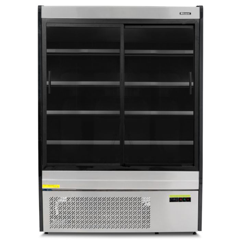Blizzard BTD130SS-GD Refrigerated Multi Deck Display, Stainless Steel With A Sliding Glass Door, Front View