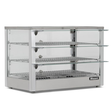 Blizzard BPW1 Counter Top Duel Access Heated Merchandiser, Angled Front View With Open Access Doors