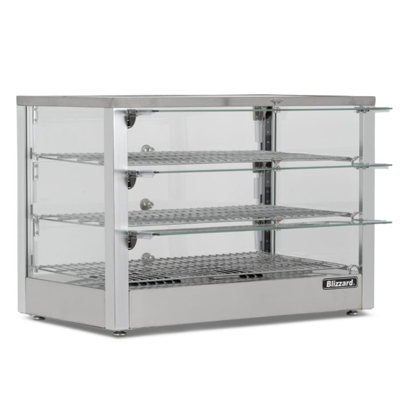 Blizzard BPW1 Counter Top Duel Access Heated Merchandiser, Angled Front View With Open Access Doors