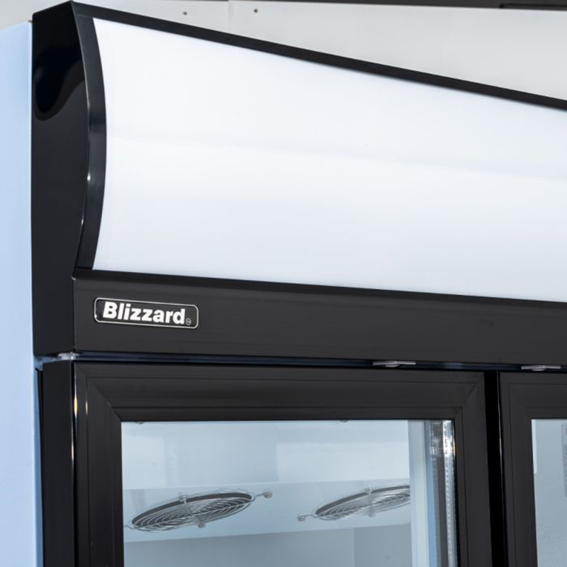 Blizzard GD900 Double Glass Door Refrigerated Display Merchandiser, Close Up View Of Blizzard Branding At The Top Of The Appliance