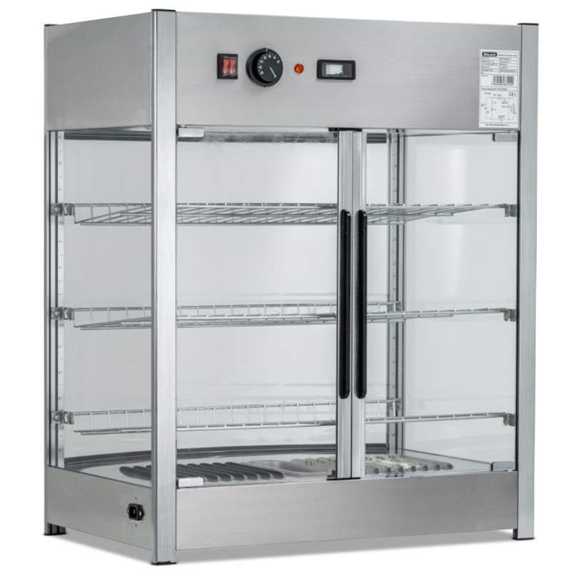 Blizzard CTH137 137L Counter Top Tiered Heated Merchandiser, Angled Rear View Showing The Access Doors, Temperature Control Thermostat and Dual On/Off Switch