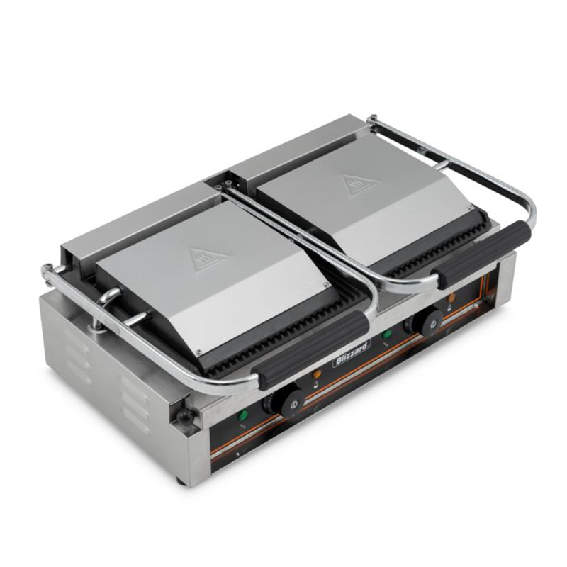 Blizzard BRRCG2 Double Contact Grill Angled Top View Of Cast Iron Plates Closed