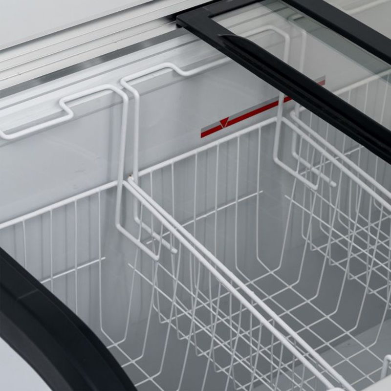 Blizzard BDF42 Curved Glass Lid Freezer 420L Capacity, Close Up View Of Wire Frame Baskets