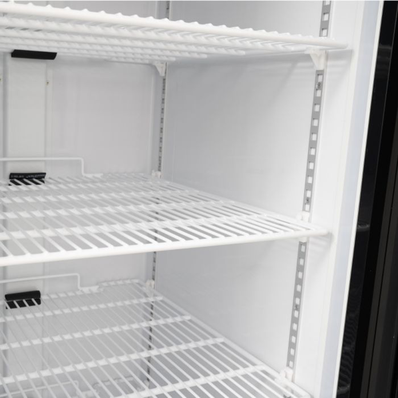 Blizzard GDF1200 Double Hinged Glass Door Freezer Display Merchandiser, Close Up View Of Shelving
