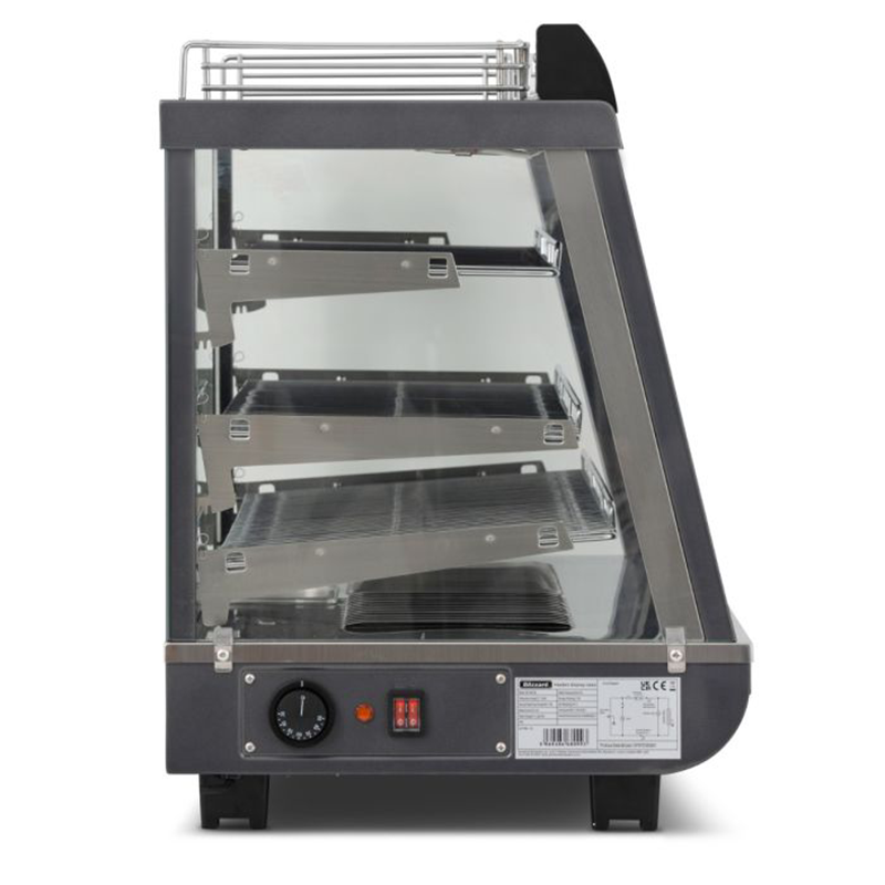 Blizzard HSS96 96L Counter Top Duel Access Heated Merchandiser, Left Side View Also Showing Dual On/Off Switch And The Temperature Control Dial