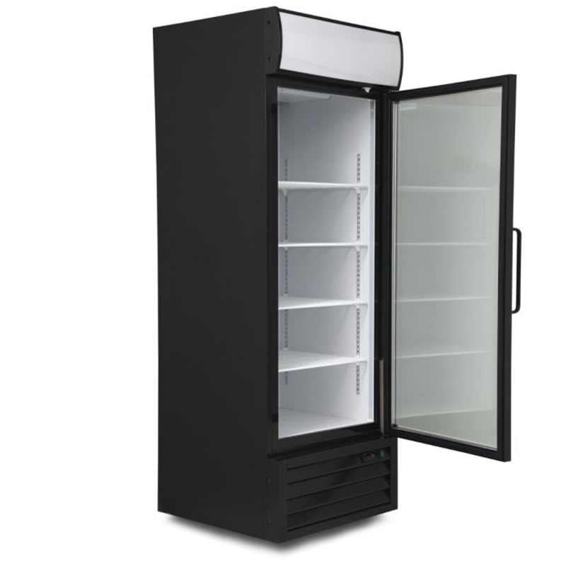 Blizzard GDF600 Single Hinged Glass Door Freezer Display Merchandiser, Front/Left Side Angled View With Door Open
