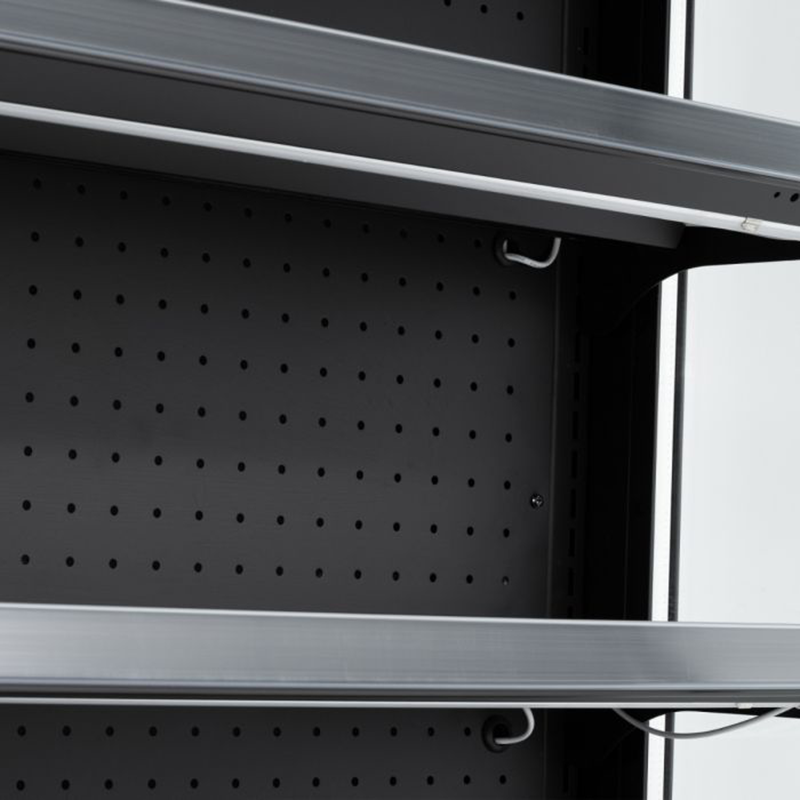 Blizzard BTD150SS-GD Refrigerated Multi Deck Display In Stainless Steel With A Sliding Glass Door, Close Up View Of Shelving Within The Appliance
