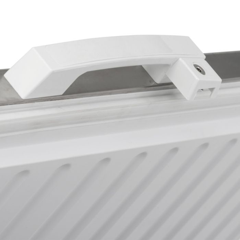 Blizzard CF550SS 550L Stainless Steel Lid Chest Freezer, Close Up Photo Of The Handle And Lid Lock