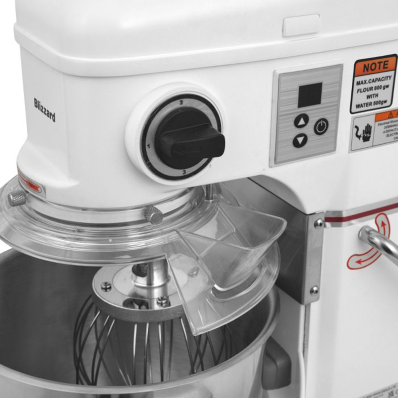 Blizzard FMX7 7L Planetary Mixer Close Up View Of Wire Whisk, Bowl Guard, Controls And Speed Setting Dial