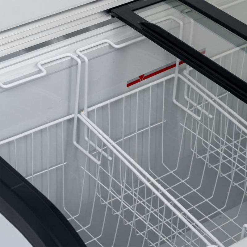 Blizzard BDF32 320L Capacity Curved Glass Lid Freezer, Close Up Image Of Wire Frame Baskets