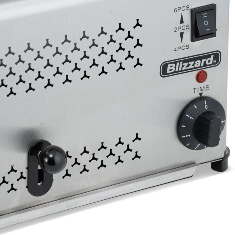 Blizzard B6ST 6 Slot Toaster Close Up View Of Mechanical Timer, Slice Lifting Lever And Toasting Switch