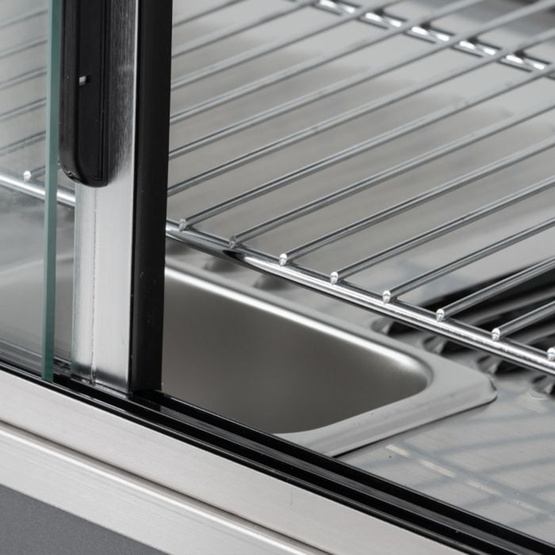 Blizzard HSS96 96L Counter Top Duel Access Heated Merchandiser, Close Up View Of The Humidity Pan