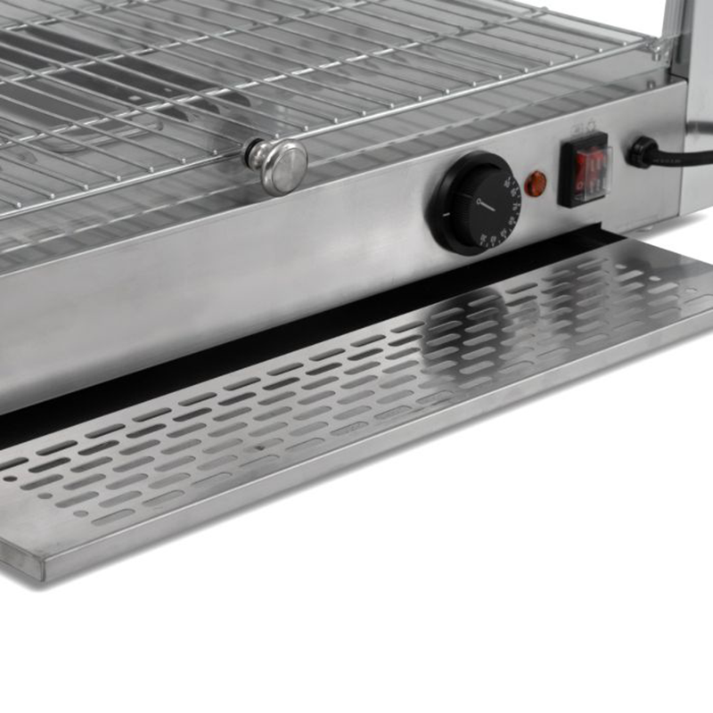 Blizzard BPW1 Counter Top Duel Access Heated Merchandiser, Close Up View Of Removable Grease/Moisture Trap, Temperature Control Dial And On/Off Switch