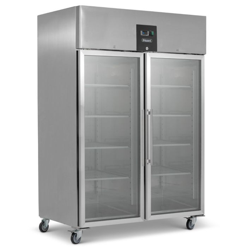 Blizzard BF2SSCR Upright Double Hinged Glass Door Gastronorm Freezer, Front/Left Side Angled View