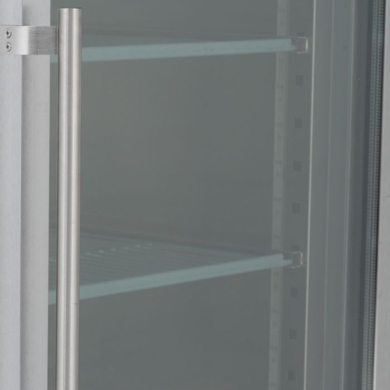 Blizzard BF2SSCR Upright Double Hinged Glass Door Gastronorm Freezer, Close Up Of The Glass Door Detailing The Door, Handle And Internal Shelves