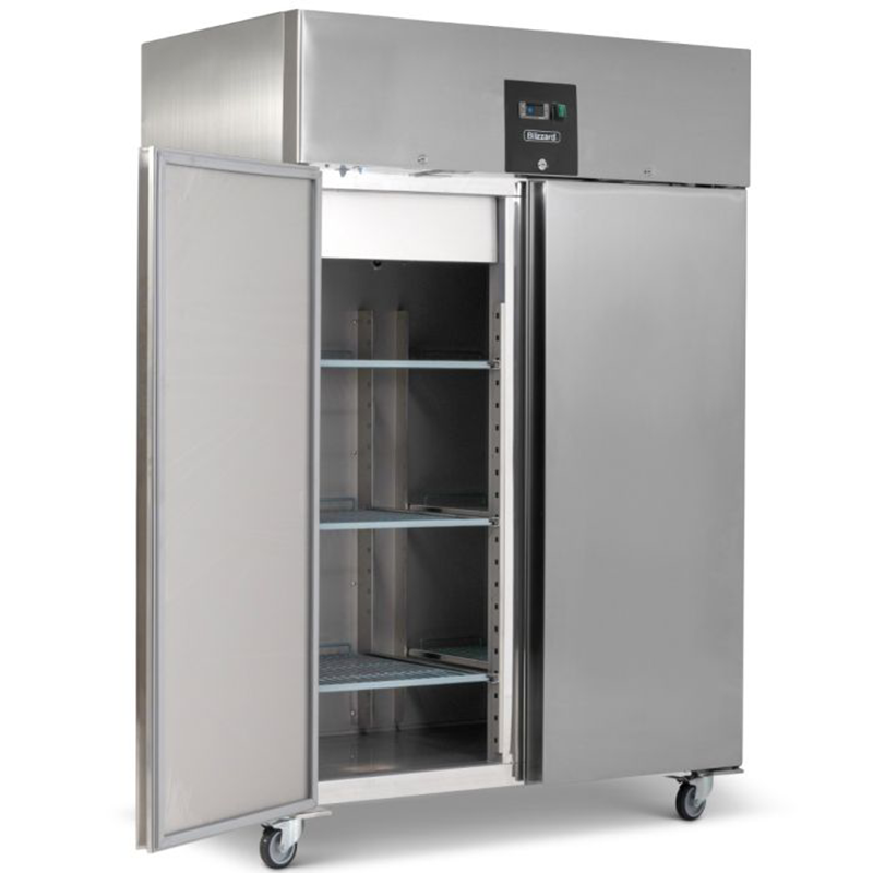 Blizzard BF2SS Upright Stainless Steel Double Hinged Door Gastronorm Freezer, Angled Front View With Open Door