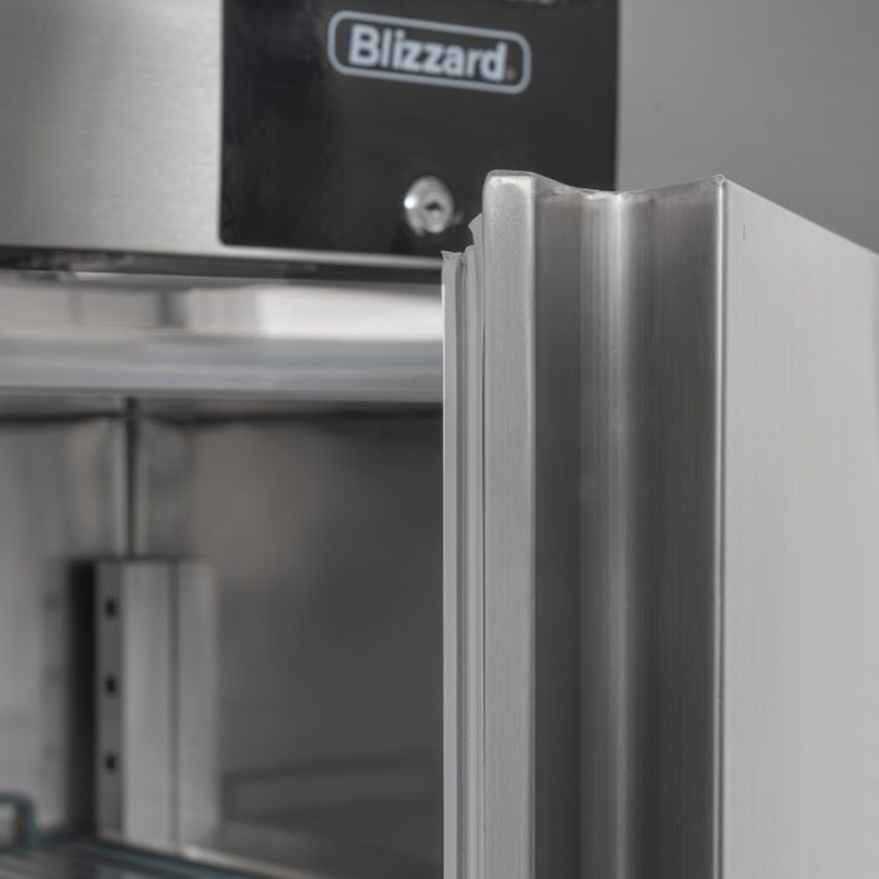 Blizzard BF2SS Upright Double Hinged Door Gastronorm Freezer, Detailed Close Up Of The Open Door Showing Door Seals And Details Such As Blizzard Branding