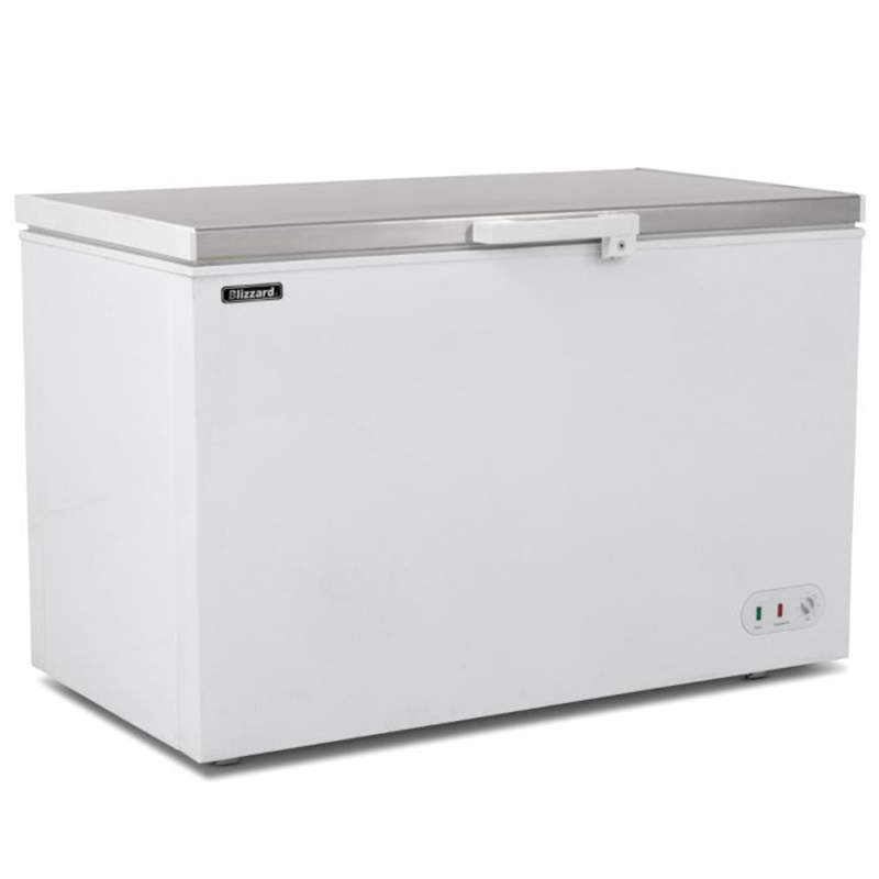 Blizzard CF450SS 450L Stainless Steel Lid Chest Freezer Front/Left Side Angled View