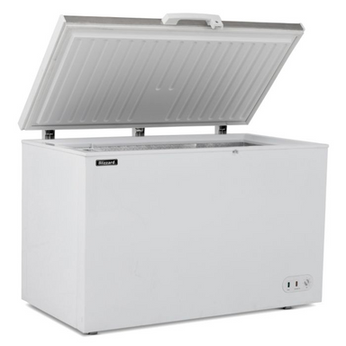 Blizzard CF450SS 450L Stainless Steel Lid Chest Freezer Angled View with an Open Lid