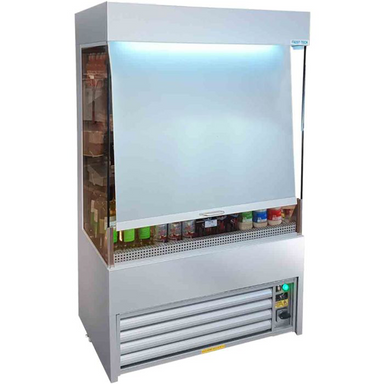 Frost-Tech SLD60-100HC Low Height Tiered Display 1000mm Wide, Angled Front View With Night Blind Pulled Down