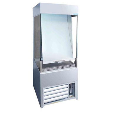 Frost-Tech SLD60-60HC Low Height Tiered Display 600mm Wide, Front View With Night Blind Pulled Down