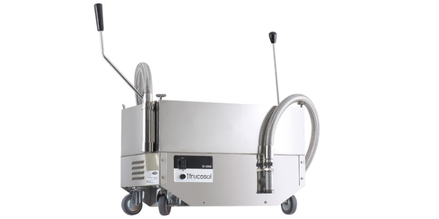 Frucosol SF5000 Oil Filter front facing view, with castors, operationg switch and product branding on show.