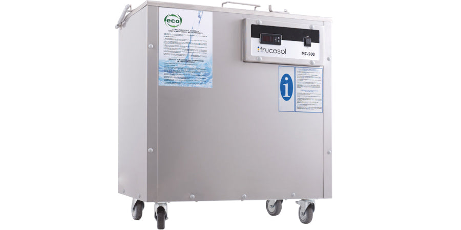 Frucosol MC500 Decarboniser angled front facing view, with digital display, product branding and castors on show.