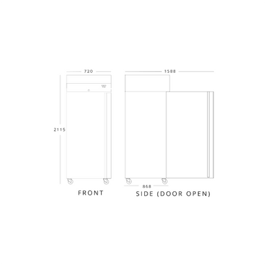 INOMAK CBP172 SINGLE DOOR Heavy Duty 2/1 Freezer 654L Capacity, Dimension Schematic