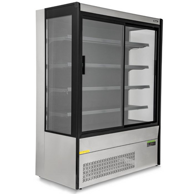 Blizzard BTD150SS-GD Refrigerated Multi Deck Display In Stainless Steel With A Sliding Glass Door, Angled Front/Left Side View