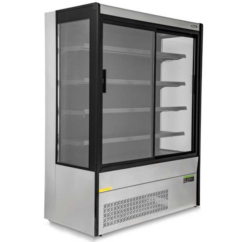 Blizzard BTD150SS-GD Refrigerated Multi Deck Display In Stainless Steel With A Sliding Glass Door, Angled Front/Left Side View