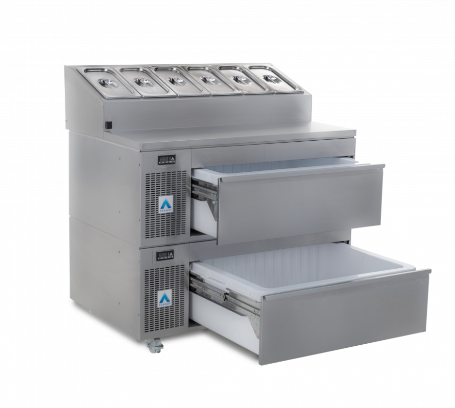 Adande VCS2 Series - Two Drawer Saladette Side Engine - VCS2/CW/S2 - Angled Front View With Open Drawers