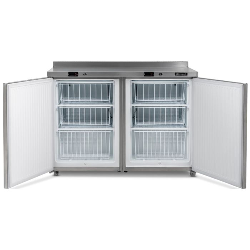 Blizzard UCFF280 Double Freezer Workstation, Pictured With Open Doors Showing The Fixed Shelves And Baskets.