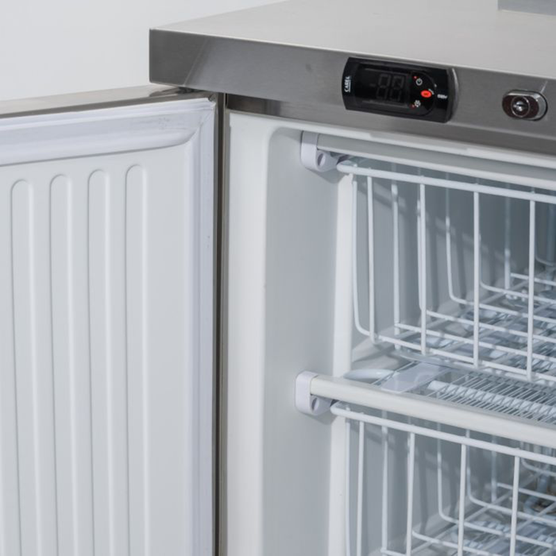 Blizzard UCFF280 Double Freezer Workstation, Close Up Of The Internal Top Corner Of The Freezer, Showing The Basket, Freezer Door And The Electronic Display