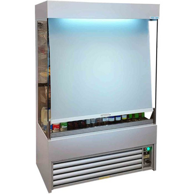 Frost-Tech SLD60-120HC Low Height Tiered Display 1200mm Wide, Angled Front View With Night Blind Pulled Down