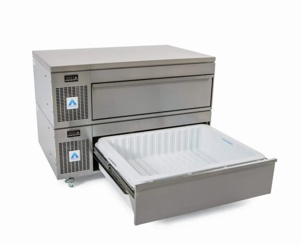 Adande VLS2 Series - Prep Counter Shallow Two Drawer Side Engine Angled Front View With Open Bottom Drawer