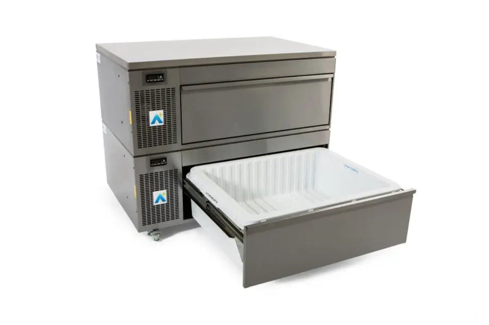 Adande HCS2 Series - Two Drawer Prep Counter, Fridge Only, Side Engine Angled Front View With Open Drawer