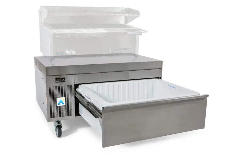 Adande HCS1 Series - Chef Base Hot Cookline, Fridge Only, Side Engine Angled Front/Left Side View With Open Drawer