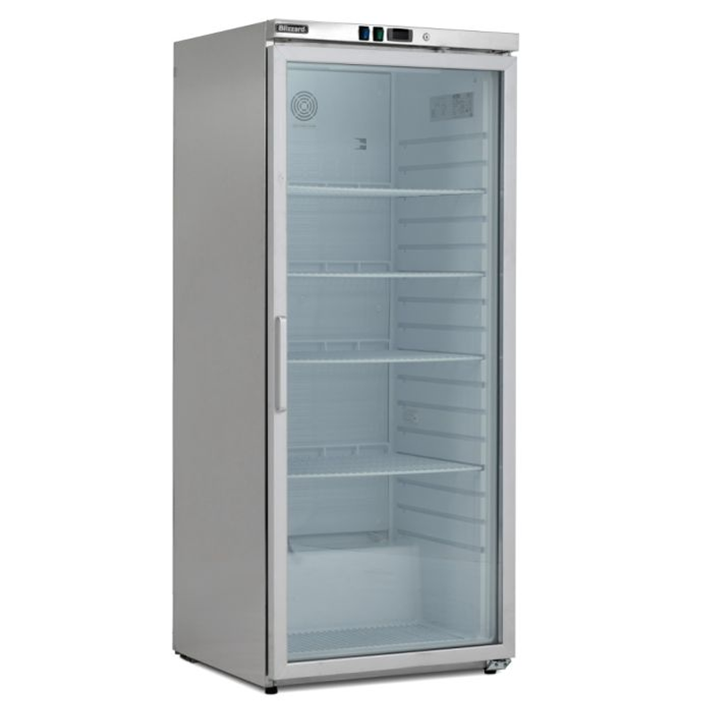 Pentland Single Glass Door Stainless Steel Refrigerator Blizzard HSG60 Left Side Angled View