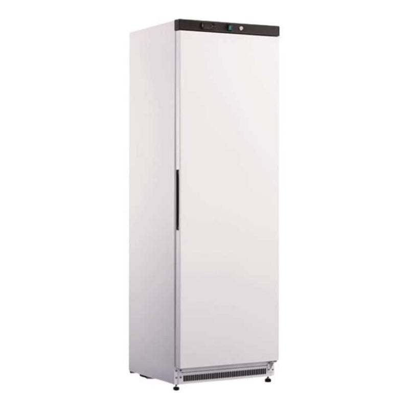 A Koolmax KMC400 white upright single door fridge with a digital display on the top part of the door and a recessed handle.