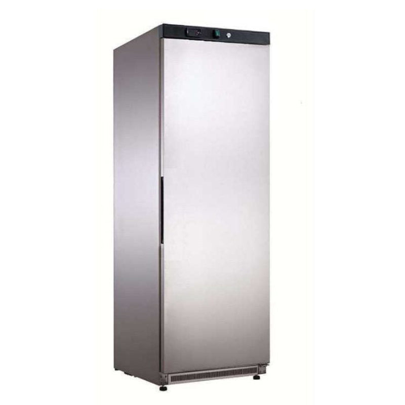 A Koolmax KMC400S stainless steel, single door upright freezer with a solid external finish.